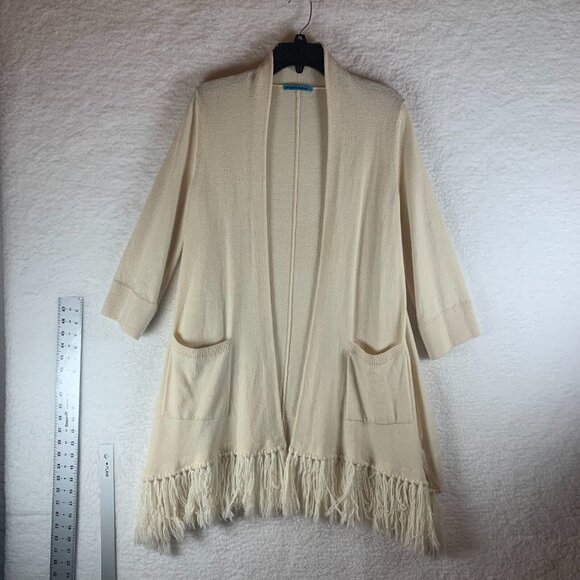 Alice +‎ Olivia Women's Wool Fringe Open Front Long Cardigan Sweater Ivory 8962 - Picture 1 of 8